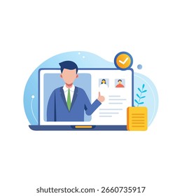 Online Job Interview or Selection Process Illustration A flat design illustration depicts a man in a suit giving a thumbs up during a virtual job interview or candidate selection process.