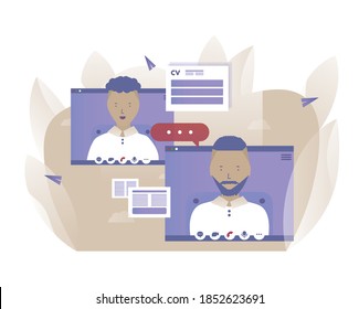 Entrevista laboral en línea. Dos hombres están charlando. Ilustración vectorial con idea de comunicación web para empresas, start-ups, marketing, teletrabajo, trabajo a distancia y concepto de freelance
