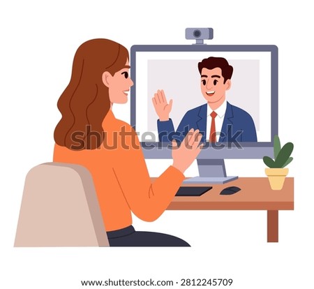 Online Job Interview. Video Call Recruitment Concept. Flat Vector Illustration.