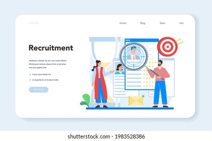 Online-Bewerbungsgespräch Web-Banner oder Landing-Seite. Idee des Beschäftigungs- und Einstellungsverfahrens. Recruiter auf der Suche nach einem Bewerber. Einzelne flache Vektorgrafik