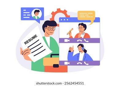 Online job interview web concept with flat cartoon people for website design. Man presents his resume, talking HR agency team by video calls, finding new job remotely in company. Vector illustration.