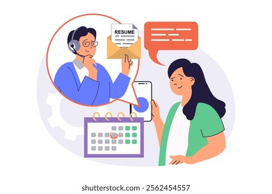 Online job interview web concept with flat cartoon people for website design. Man working as HR, interviewing candidates by video call, searching new employees, setting meeting. Vector illustration.
