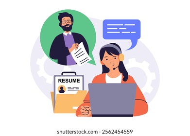 Online job interview web concept with flat cartoon people for website design. Woman talking with job candidate by video call, selecting best resume, searching office employees. Vector illustration.
