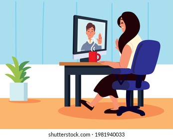 online job interview, woman talking with a man