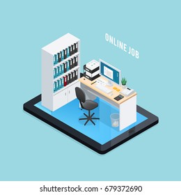 Online job isometric composition with office workplace at mobile device screen on blue background 3d vector illustration