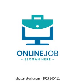 Online Job Logo Design Template. Suitcase Icon With Computer Combination. Creative Concept Of Digital Find Job.