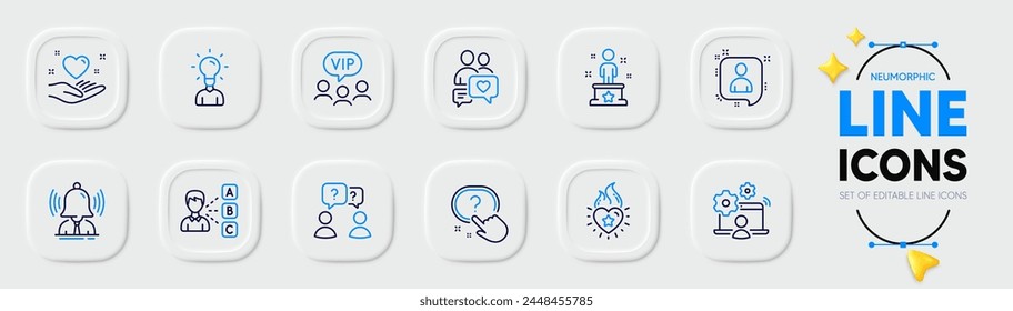 Online job, Question button and Opinion line icons for web app. Pack of Brand, Teamwork questions, Developers chat pictogram icons. Dating chat, Vip clients, Hold heart signs. Education. Vector