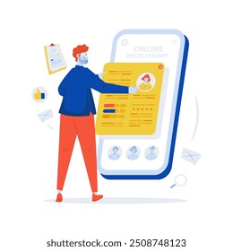 Online job recruitment selection, A man screens candidates on a mobile recruitment app, Vector illustration