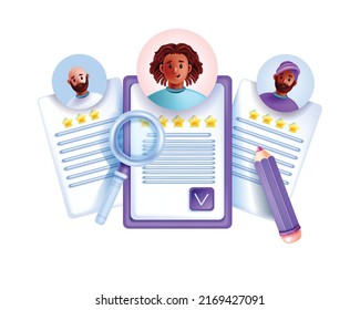 3D CV icon, Online Job Research HR Resume Concept, Vector Human Search Digital Illustration. Career Employee Hire, People Avatar, Magnifying Glass, Candidate Profile, Rating Stars. 3D CV document File