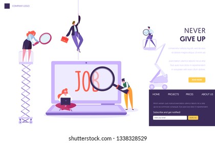 Online Job Search Concept Landing Page. People Character with Laptop and Magnifier Looking for Profession Staff. Human Resource Website or Web Page. Flat Cartoon Vector Illustration