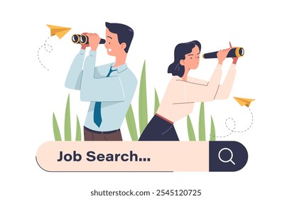 Pesquisa de emprego online. Homem e mulher com binóculos perto da barra de busca. Funcionários e trabalhadores candidatos a vagas. Contratação e recrutamento. Ilustração de vetor linear isolada no plano de fundo branco