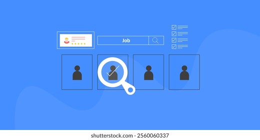 Online job search, Selecting right candidate for the job, Company hiring employee online process, Online job portal, Searching for online job - vector illustration background with icons