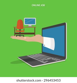 Online job searching flat vector concept. Hand with office table, chair and computer appeared from laptop screen.