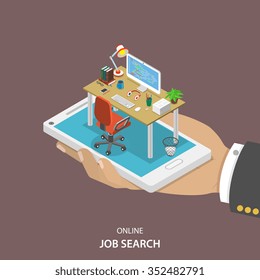 Online job searching isometric flat vector concept. Hand with office table, chair and computer appeared from smartphone screen. HR, human resource, recruitment.