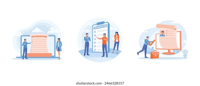 Online job vacancies. Companies create job position requirements. Vacant position with job duties and responsibilities. Job Description concept. Set flat vector illustration.