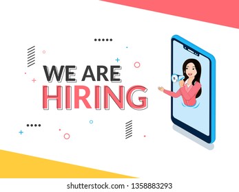Online Job Vacancy announcement from woman in smartphone screen for We're Hiring job recruitment.