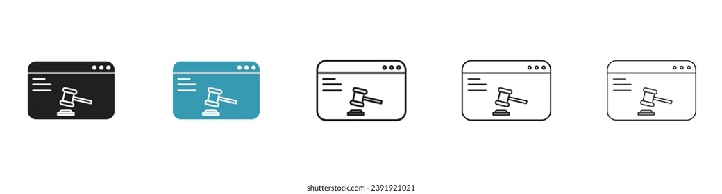 Online Justice vector illustration set. Digital legal proceedings vector illustration symbol for UI designs in black and blue color.