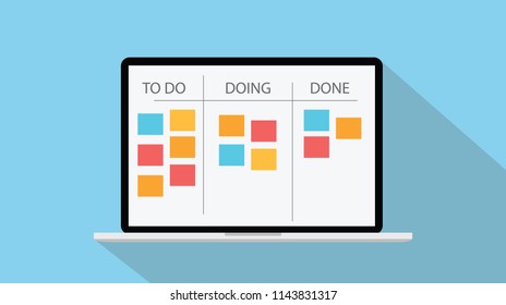 Online Kanban Technology With Laptop And Paper Todo List Vector Illustration