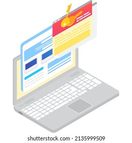 Vector de palabras clave en línea. Búsqueda de palabras clave en el icono 3d del ordenador portátil isométrico. Búsqueda y optimización de marketing en Seo