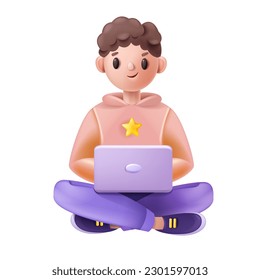 Online kid school, vector 3D children education, cartoon boy using laptop, happy young student. Digital class concept, internet e-learning, character working home in internet. Online kid illustration