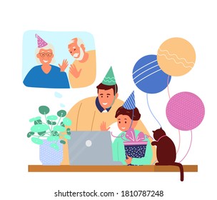 Online Kid's Birthday Party. Dad With Child In Birthday Hats With Gift Box In Front Of Laptop Talking To Grandparents By Video Chat.  Flat Vector Illustration.