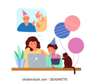 Online Kid's Birthday Party. Mother With Child In Birthday Hat With Gift Box In Front Of Laptop Talking by Videoconference.  Flat Vector Illustration.
