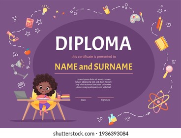 Online kids diploma certificate for kindergarten or Elementary school with a cute black girl with curly dark hair making homework on background with hand-drawn elements. Vector cartoon illustration