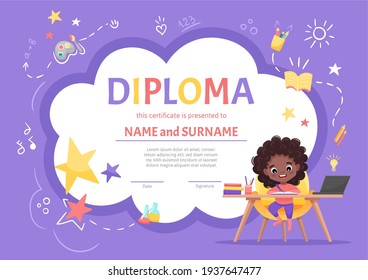 Online kids diploma certificate for kindergarten or Elementary school with a cute black girl with curly dark hair making homework on background with hand-drawn elements. Vector cartoon illustration