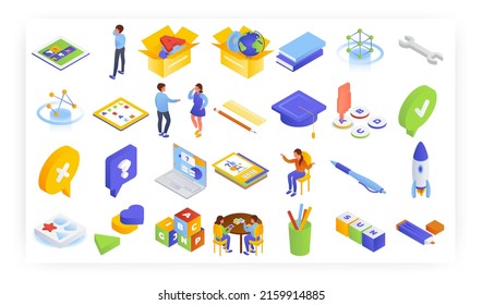 Online Kids Learning Games, Vector Isometric Icon Set. Trivia Quiz, Word Search Puzzles, Assembling Pictures Of Animals.