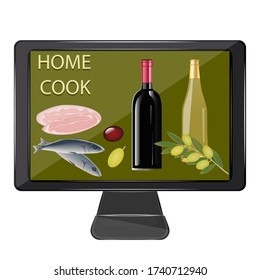 Online kitchen. Wine bottles, fish, meat, olives - vector. Cook together. Exclusive dishes. Gourmet. Home cook.