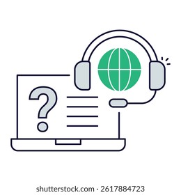 Online Knowledge Assistance. Laptop with question mark and headset representing help articles or guides