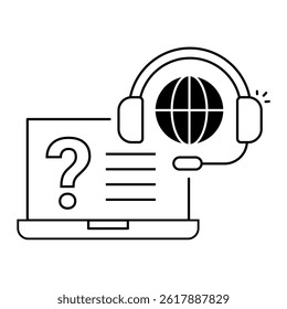 Online Knowledge Assistance. Laptop with question mark and headset representing help articles or guides