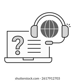Online Knowledge Assistance. Laptop with question mark and headset representing help articles or guides