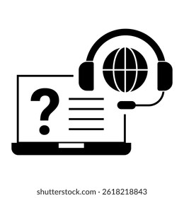 Online Knowledge Assistance. Laptop with question mark and headset representing help articles or guides