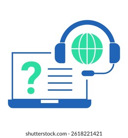 Online Knowledge Assistance. Laptop with question mark and headset representing help articles or guides