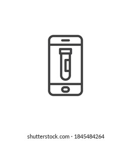 Online laboratory test line icon. linear style sign for mobile concept and web design. Smartphone with test tube outline vector icon. Symbol, logo illustration. Vector graphics