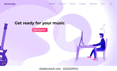 Online Landing Page of Music App and Internet Website Template. Man Sitting in Front of Desktop Wearing Headphone. Blue Purple Color Modern Flat Design Vector