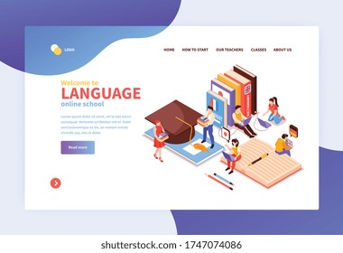 Online language center concept isometric landing page with downloadable courses textbooks native speakers audio certificate vector illustration 