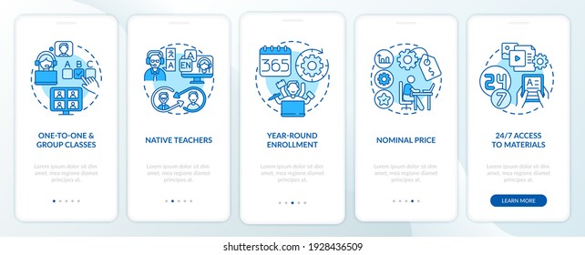 Online language classes benefits onboarding mobile app page screen with concepts. Accessibility, price walkthrough 5 steps graphic instructions. UI vector template with RGB color illustrations