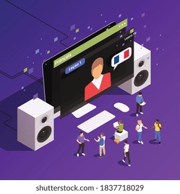 Online language classes voiced by native speakers isometric composition with french tutor on desktop monitor vector illustration 
