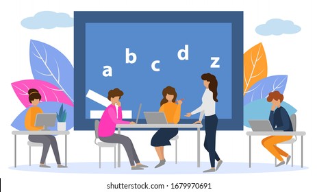 Cartel de ilustraciones vectoriales del curso en línea de formación educativa en Internet. La gente que estudia en grupo con los profesores aprende, adquiere conocimientos de idiomas extranjeros en línea. Chicas, hombres sentados en mesas con laptops.