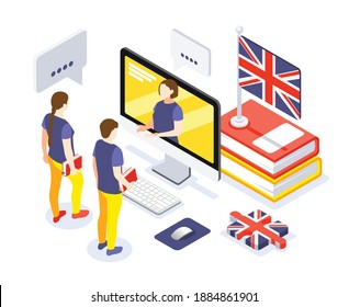 Online language course isometric composition with learning english with personal tutor interactive lesson textbooks flag vector illustration