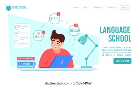 Online language course order landing page design. Man character studying on laptop via internet from home. Distant learning training english. Webinar video tutorial. Remote education conversation
