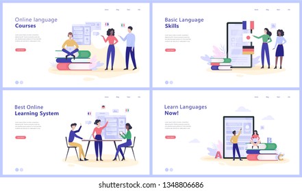 Online language courses concept web banner set. Study foreign languages in school or university. English or french lesson. Vector isometric illustration