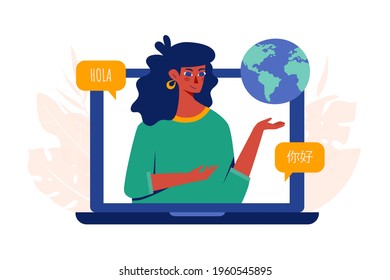 Online language courses concept.  A woman teacher with a globe in her hand in a laptop says hello in different languages.