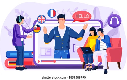 Online Language Courses. Couple Is Sitting In A Chair And Watching A Movie On A Laptop. Man With Headphones Listening To Music Online English Lesson Video Player. The Teacher On The Screen Says Hello