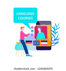 Online language courses, distance education, training. Language Learning Interface and Teaching Concept. Education Concept, training young people. Internet students