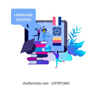Online language courses, distance education, training. Language Learning Interface and Teaching Concept. Education Concept, training young people. Internet students