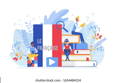 Online Language Courses Flat Vector Illustration. Distance Education, Remote School, France University Lessons. French Language Internet Class, E Learning Isolated Clipart On White Background