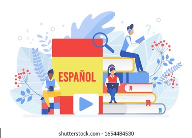 Online Language Courses Flat Vector Illustration. Distance Education, Remote School, Spain University. Spanish Language Internet Class, E Learning Isolated Clipart On White Background